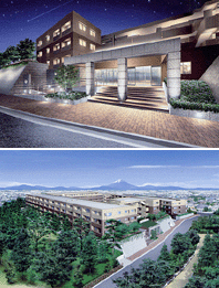 「ライオンズテラス本鵠沼ガーデンコート」完成予想図:メーンエントランス(上)、外観(下)