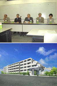 (上)記者会見の模様。写真中央が丸山氏。(下)完成予想図