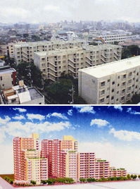 「萩中住宅」現況(上)、建替え後完成予想図(下)