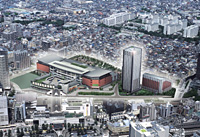 「LAZONA 川崎」全体完成図（完成イメージ）。左側の建物が大規模商業施設、右側がタワーを中心とした「LAZONA 川崎レジデンス」