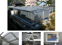 (上)今回完成したアルミ住宅外観、(下左)電動ルーバー、(下中)天井パネル式アルミ製熱交換器、(下右)情報ボード(液晶パネル型コンピュータ)