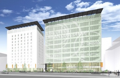 「アーバン熊本辛島町プロジェクト」完成イメージ(右)。左の建物は、共立メンテナンスが建設中のビジネスホテル