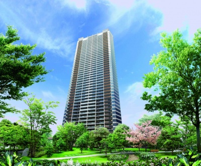 「THE TOYOSU TOWER」完成予想図。建物足元は4つのガーデンを配する
