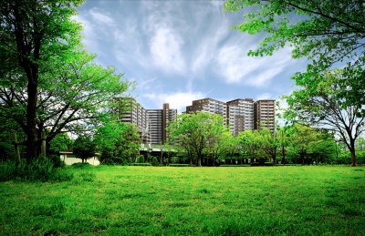 「亀戸レジデンス」完成予想図。亀戸中央公園と旧中川に隣接する