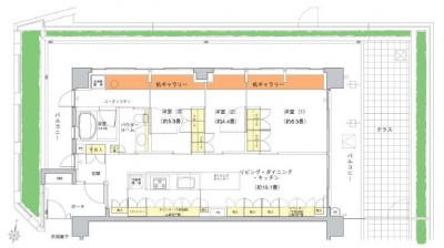 同物件間取り図。居室間は間仕切りで区切られているため、開放すれば全体が一つの空間になる仕組み