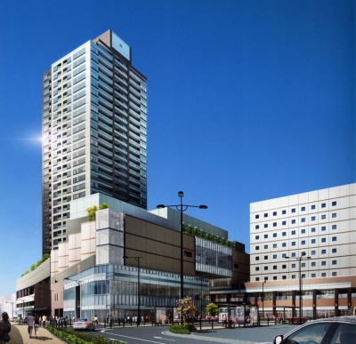 「ロイヤルタワー鶴見」完成予想図。駅前ロータリーと一体となった街区として、マンション、商業施設・公共施設、ホテルなどが整備される