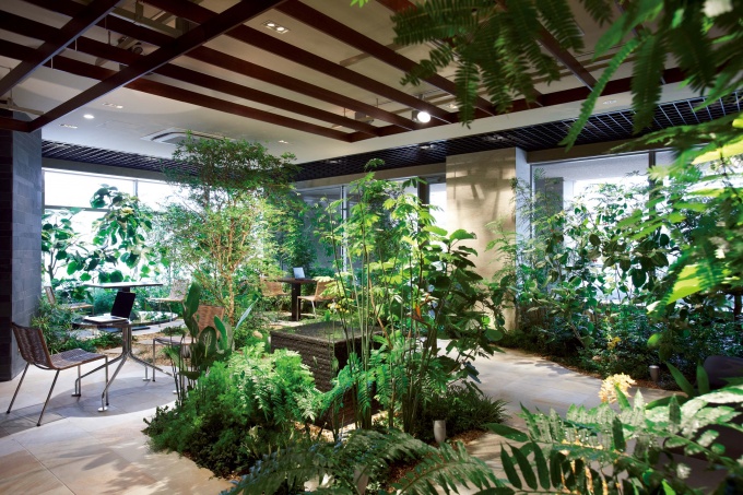 マンションでは初となる「ヒーリングラウンジ」には、さまざまな植物が植栽されている