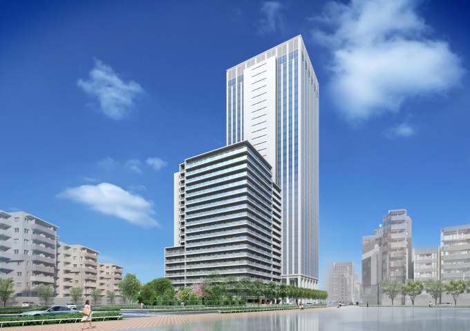 「新宿フロントスクエア」外観パース。手前が、分譲マンション「ザ・パークハウス新宿タワー」、奥がオフィスビル「新宿フロントタワー」