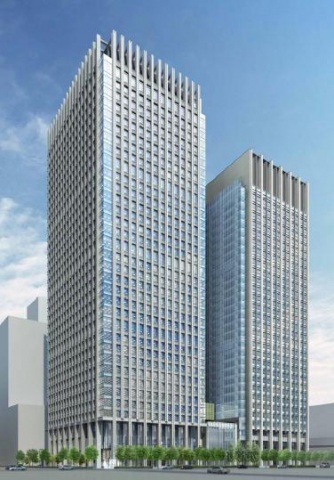 「大手町一丁目第2地区第一種市街地再開発事業」外観イメージ(左がB棟、右がA棟)