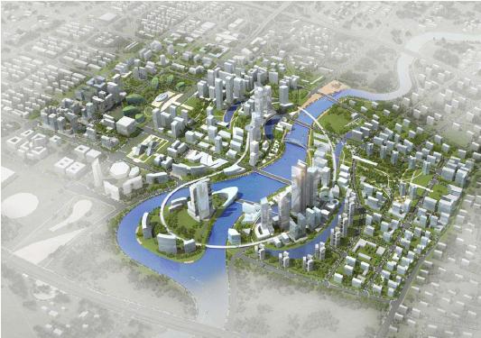 中国四川省成都市の「金融本部業務区 都市設計基本構想」設計提案俯瞰イメージ