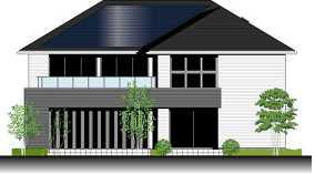 藤沢展示場モデルハウス「OPTIS 住み継ぐ家」外観イメージ。住まいの内と外をつなぐ中間領域の「DOMA(土間)」を設置