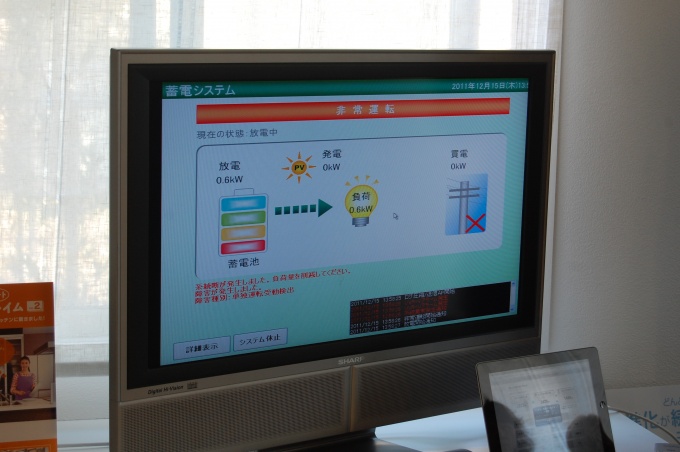 停電となり自立・非常運転モードに入ったことを知らせるHEMSモニター画面。あらかじめユーザーが決めた電化製品に、蓄電池から電気が供給される。停電時でもHEMSは稼働し、ユーザーはそれを見ながら不要な電化製品をカットすることで、さらに電力消費を抑えることが可能