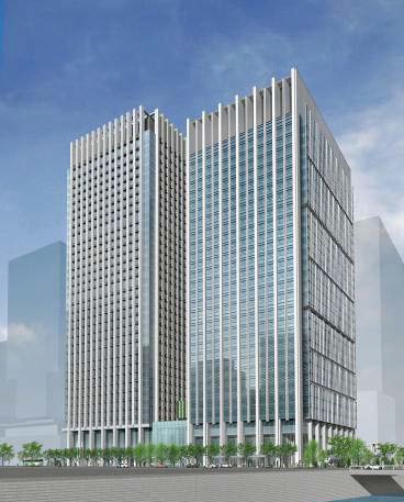 計画地北東方面から見た外観イメージ。右側が「大手町フィナンシャルシティ ノースタワー」