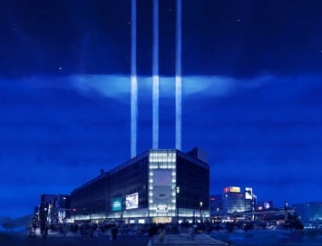 銀座TSビルからの光の点灯イメージ。震災復興の祈りを込めた光の柱が空へ立ち上げられる