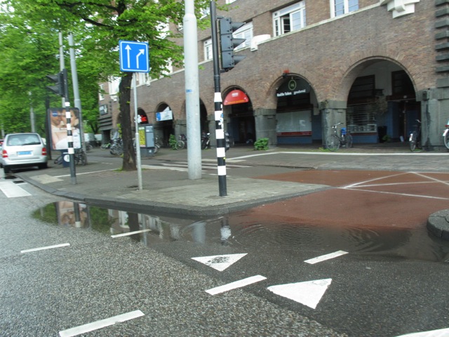 自転車専用の道路標識が各交差点に設けられている。立っている信号も自転車専用
