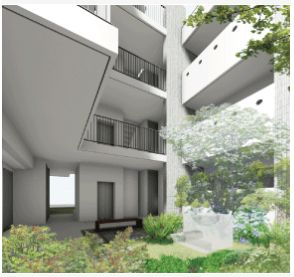 「中庭」のイメージ。入居者が集うスペースとして、シンボルツリーや水場、ベンチなどを設け、井戸端会議や夕涼み、子供のちょっとした遊び場としてデザインする予定