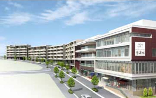 全体外観 イメージパース。手前が本施設「たまプラーザ テラス リンクプラザ」、奥が分譲マンション「ドレッセ たまプラーザ テラス」