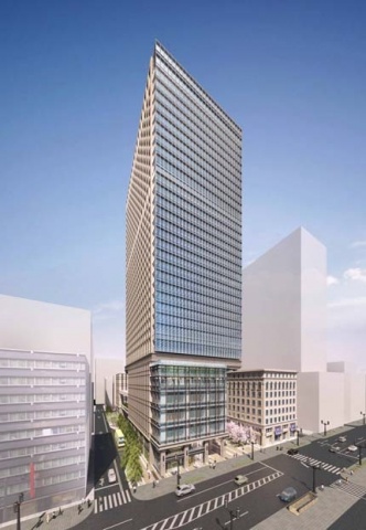 「京橋二丁目西地区第一種市街地再開発事業」完成予想図。老舗食品スーパー「明治屋」本社ビルは保存。隣接して地上32階建ての超高層ビルを建設する