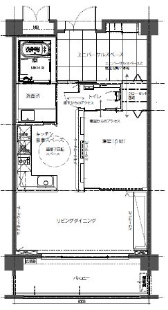 モデルルームの間取り図。玄関周りには自由に使える「ユニバーサルスペース」を設置