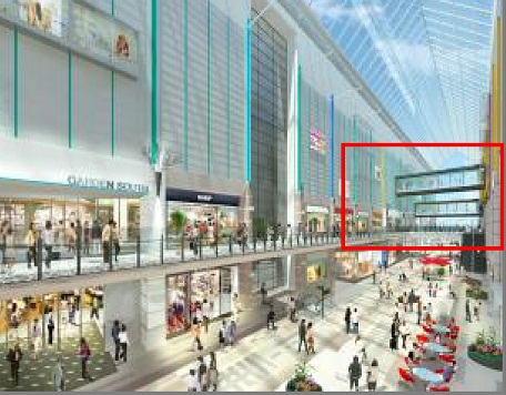 「神戸ハーバーランドumie」内のイメージ。赤枠の中が「NORTH MALL」と「SOUTH MALL」をつなぐブリッジ
