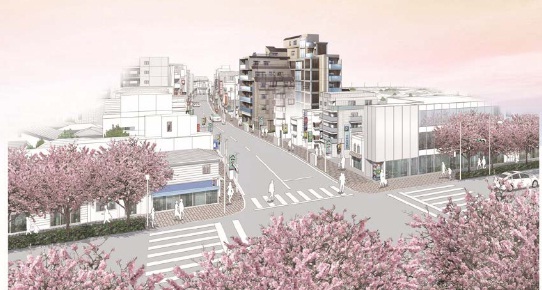 「サンウッド桜新町」の外観完成予想図およびまち並みイメージ図