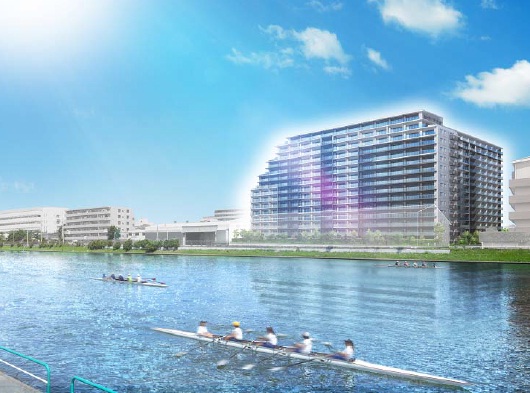 「シティテラス戸田」外観完成予想図と戸田漕艇場イメージ