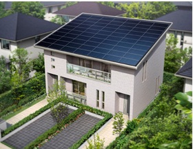 モデルプランイメージ。屋根全面に太陽光発電パネルを搭載する「フルPVルーフ」と軒樋を組み込んだ「ルーフフレーム」で構成