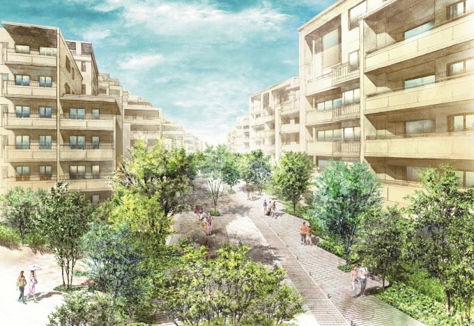 「アトラス調布」完成予想図。敷地中央に公道を付け替え、歩行者優先の思想で設計。インターロッキング舗装を施し、建物の共用施設、住戸のエントランスを面することで、道路をコミュニティー空間と位置付ける