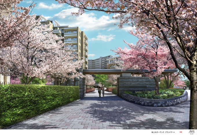 グランドゲート完成予想図。桜上水団地に植樹されていた桜を移植し、さらに新たな高木も新植して緑豊かな環境を整備する計画