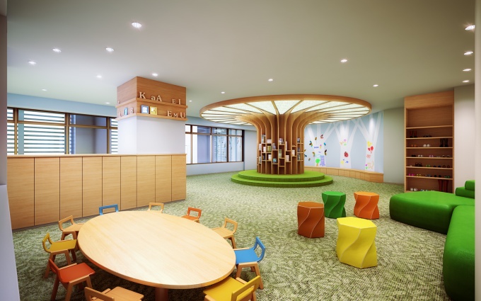 子供の「考える」「つくる」スキルを育むためのインタレストツリー(中央)、「伝える」「感じる」スキルを伸ばすためのインタレストウォールなどを設置した「クリエイティブキッズガーデン」