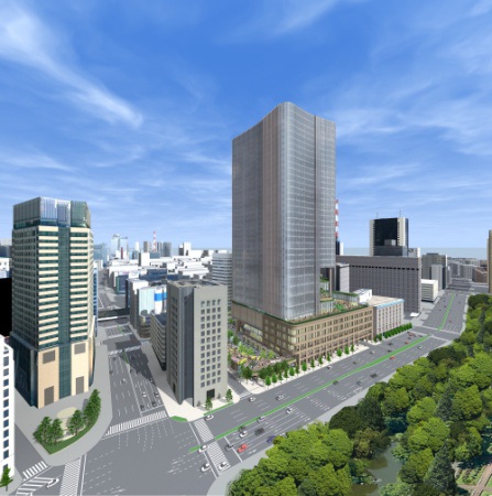 「(仮称)日比谷ビジネス連携拠点」完成予想図。計画地は日本を代表する商業エリア、オフィスエリア、官公庁街との結節点