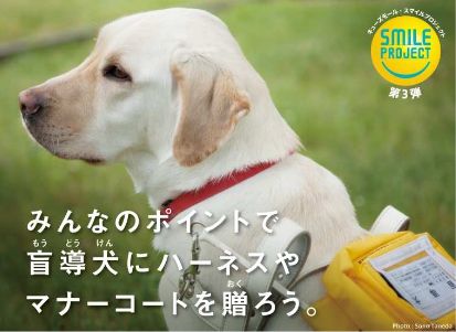 「盲導犬プロジェクト」では、買い物客が積み立てたポイントで盲導犬にハーネスやマナーコートを贈る