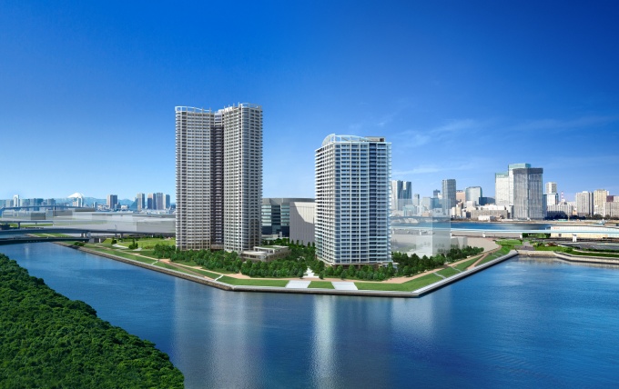 3方を水辺に囲まれた豊洲ふ頭の角地に立地する。向かって右が「BAYZ TOWER&GARDEN」。左は第1弾の「SKYZ TOWER&GARDEN」