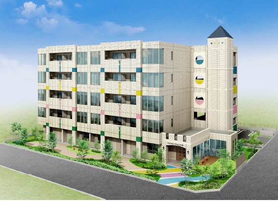「チャイルドキッズ 賃貸マンション」外観。屋根とエントランス部分に、ヨーロッパの城をイメージしたデザインを採用し、明るいカラーを建物や外構に取入れた