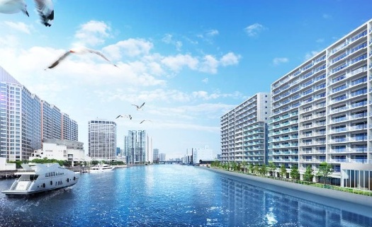 「シティテラス品川イースト」完成予想図(写真右)。敷地西側が幅150mの京浜運河に接していることから、運河沿い200mの板状型マンションとして建設。低層階から高層階まで全戸キャナルビューが楽しめる