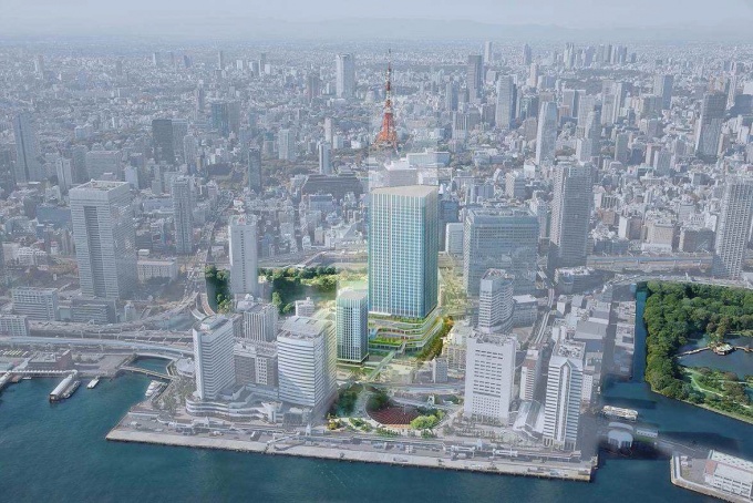 計画建物のイメージ。竹芝埠頭の海、浜離宮恩賜庭園、旧芝離宮恩賜庭園の緑に囲まれている