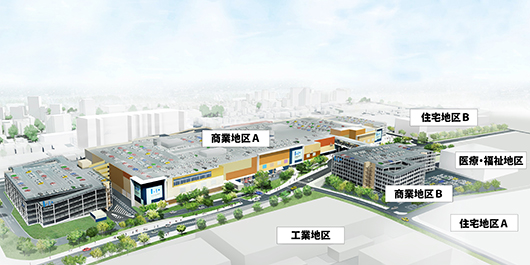 大規模複合開発事業全体イメージ。商業地区Aが「(仮称)ららぽーと平塚」となる予定