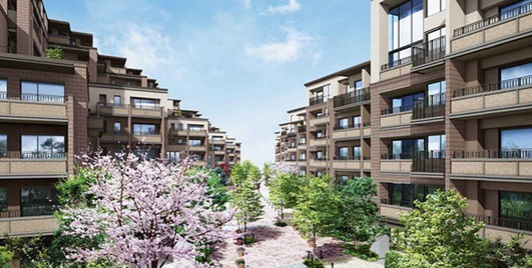 「アトラス調布」外観イメージ。新しく誕生したコミュニティ道路を2棟の住棟が挟んでいる
