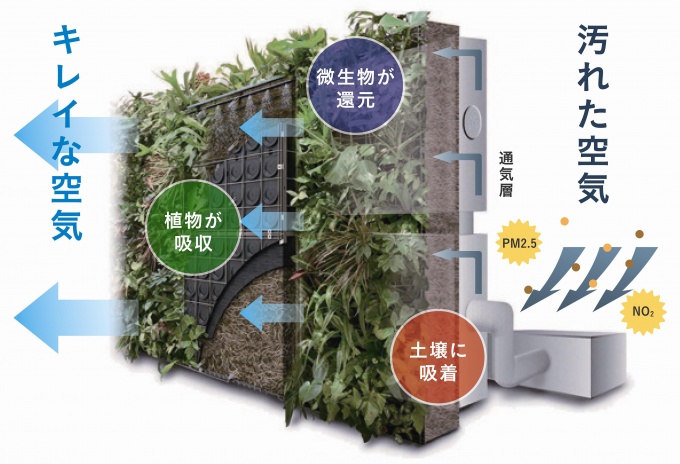 大気浄化壁面緑化システム概念イラスト