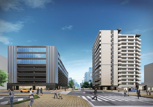 「ポレスター太田駅前サウスレジデンス」（右）完成予想図。左は商業棟