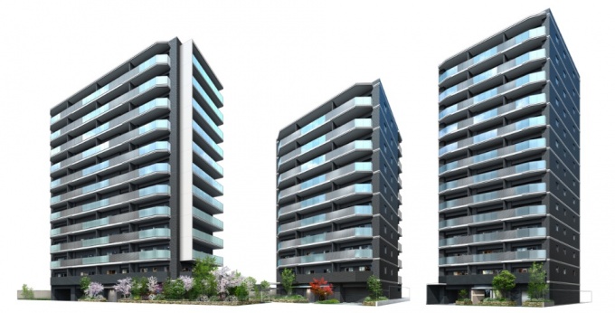 左から、分譲マンション「クレヴィア大阪同心WEST」、「クレヴィア大阪同心CENTRAL」、「クレヴィア大阪同心EAST」外観予想パース