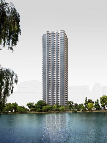 「Brillia Tower上野池之端」完成予想図。建物東側に、上野恩賜公園を望むロケーションがウリ