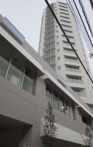 再開発建物外観。1、2階の低層部は商業店舗が14店舗、中間免震層をはさんで18階のタワーマンションが建つ