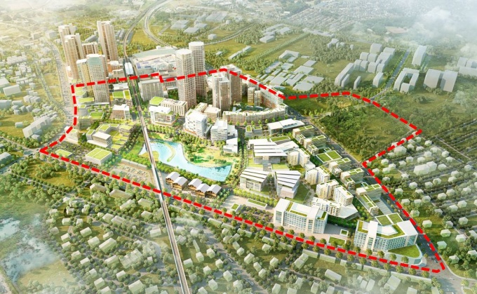 柏の葉イノベーションキャンパスル将来構想図。赤枠点線内がLEED-NDの認証区域