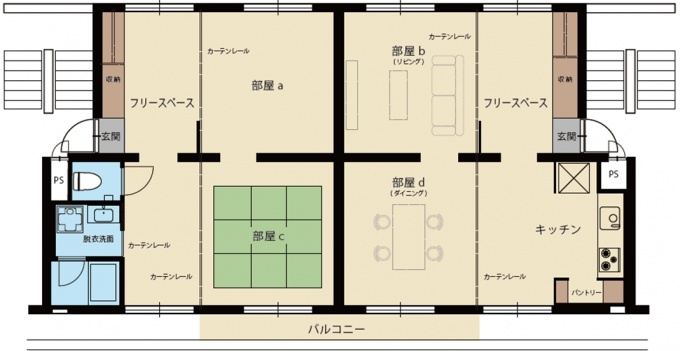 「ウッドバルコニーと機能的なキッチンスペースのある開放的な家」の間取り図