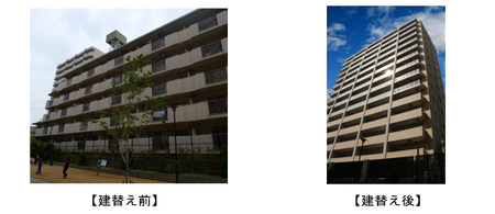 建替え前の「宮前グリーンハイツ」と、建替え後の「プレミスト六甲道」