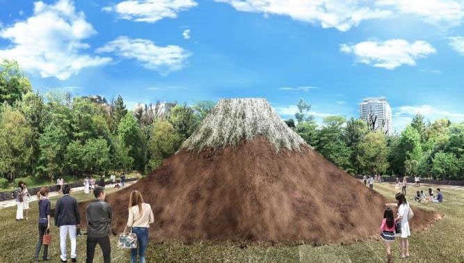 5月28日まで、富士山のモニュメントを芝生広場に設置